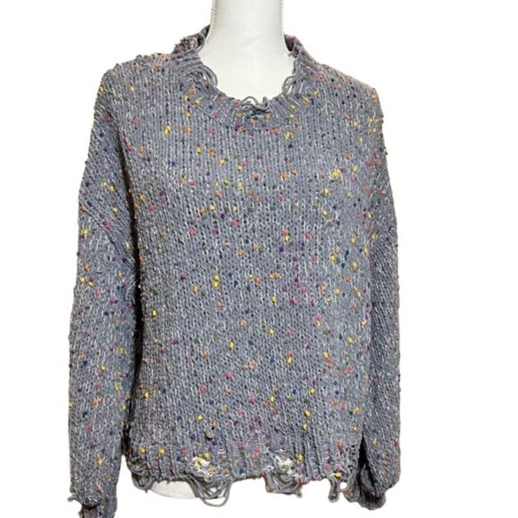 POL Distressed Confetti Sweater Gray White Multicolor Boho Hipster Size Large - Picture 1 of 9
